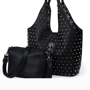 Two Bag Set, Skull and Stud Rhinestone Bling Punk Hobo Bag